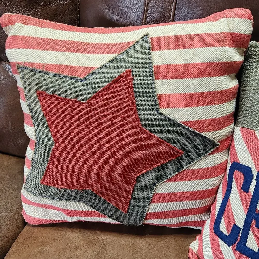 Jute Patriotic Pillows Indoor Outdoor Berlap Stars Patchwork 4th Of July America